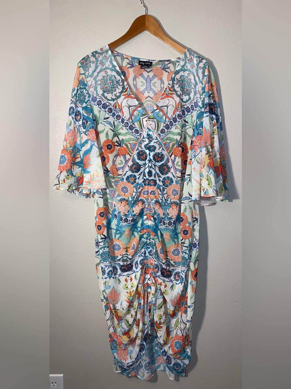 City Chic Budapest Floral Tile Print Ruched Hi-Lo Midi Dress Sheer Size M 18